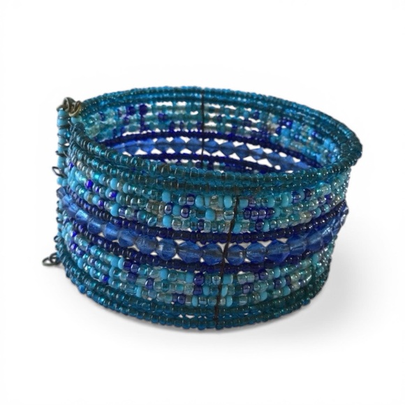 Multi‑Strand Seed Bead Open Cuff Bracelet – Shades of Blue & Gray - Picture 6 of 11